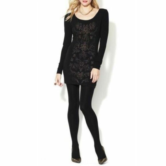 Free People Lady In Waiting Black Embroidered Metallic Bodycon Mini Dress Large - Picture 2 of 16